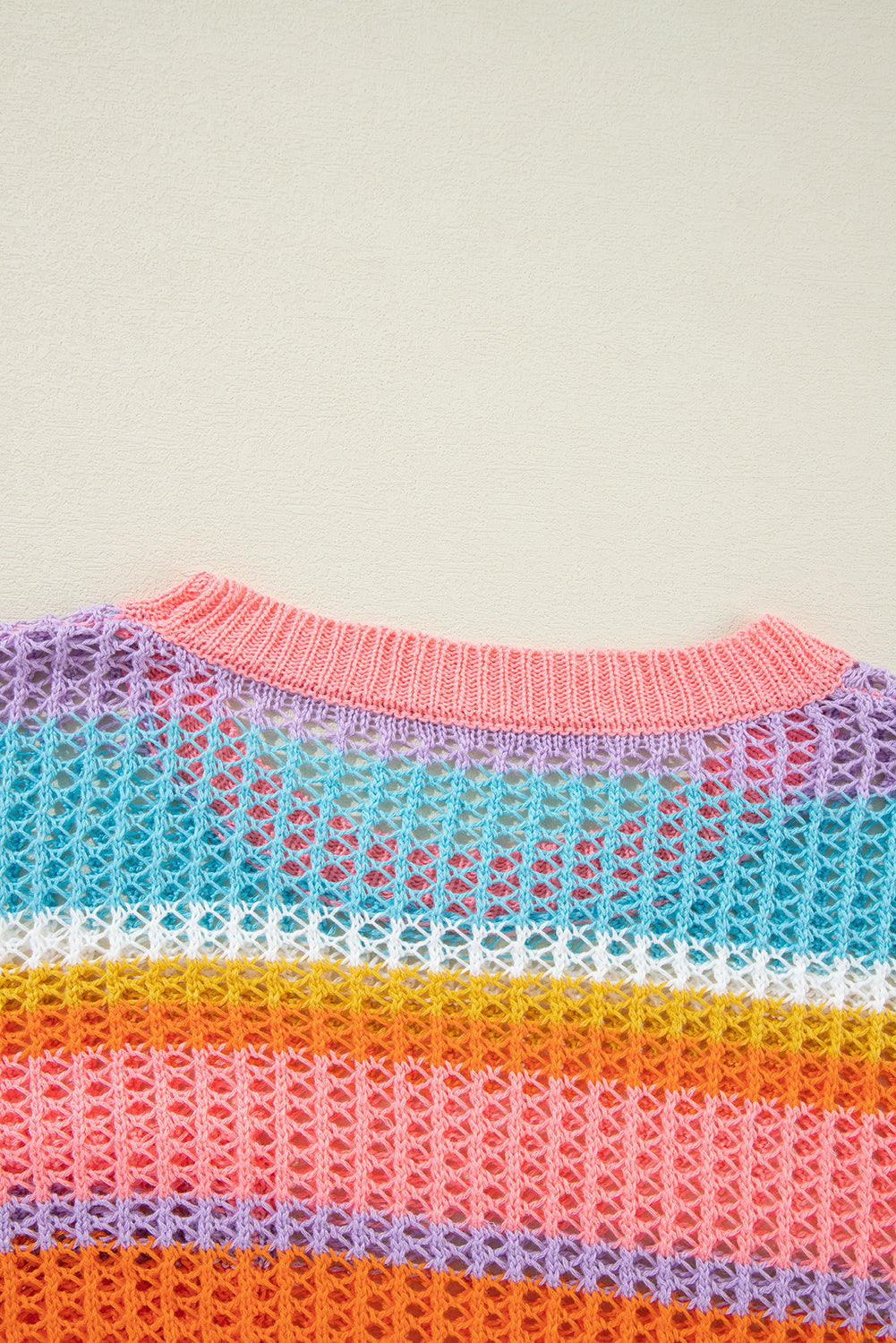 Pink Stripe Colorblock Hollowed Crochet 3/4 Sleeve Sweater