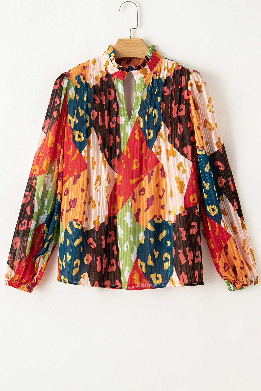 Orange Leopard Patchwork Print Pleated Blouse