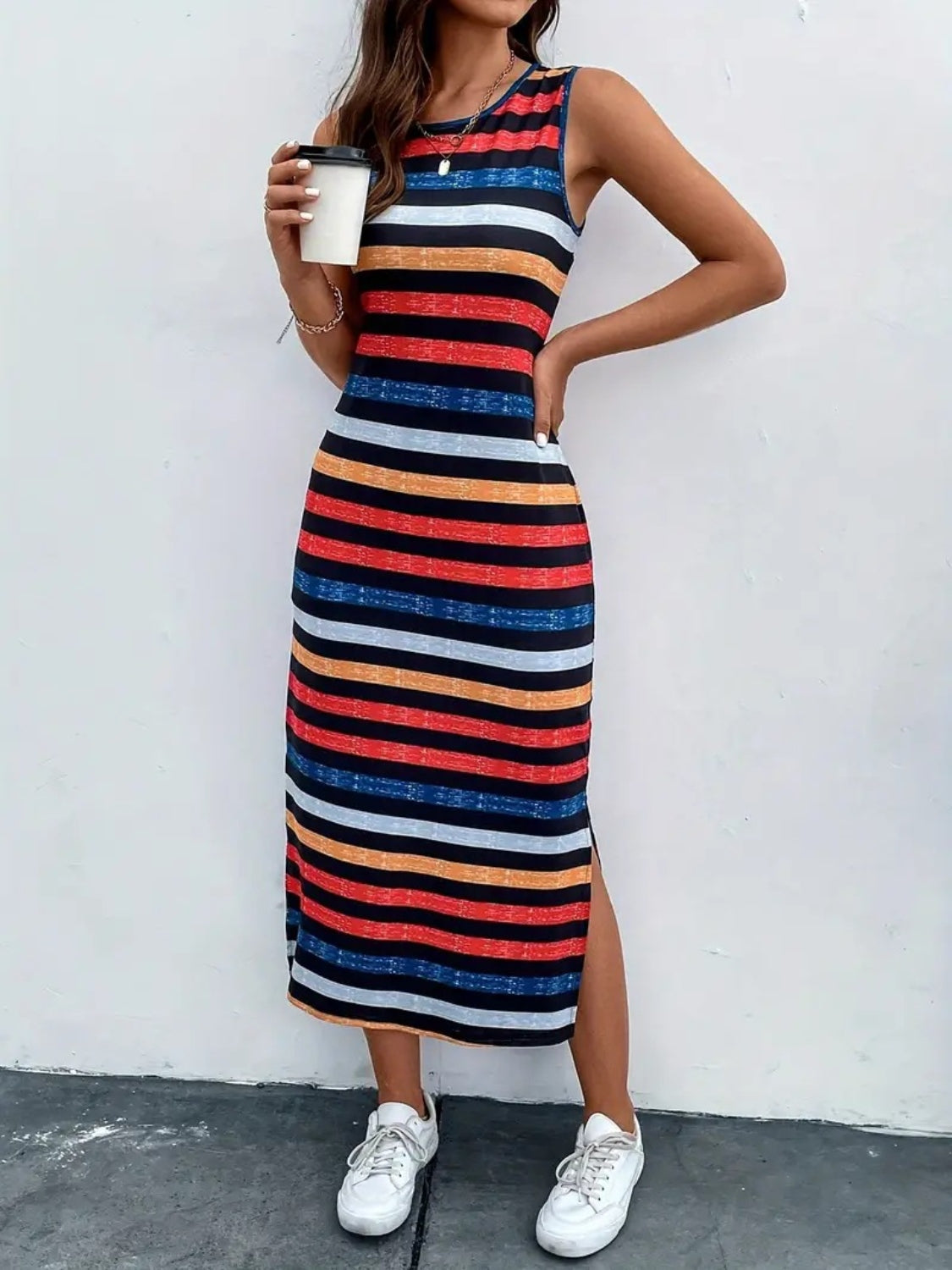 Slit Striped Round Neck Tank Dress