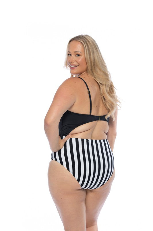 BLACK AND STRIPED CUTOUT ONE PIECE SWIMSUIT