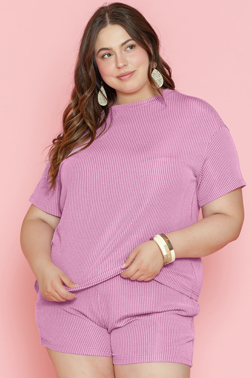 Phalaenopsis Ribbed Knit T Shirt and Shorts Plus Size Lounge Set