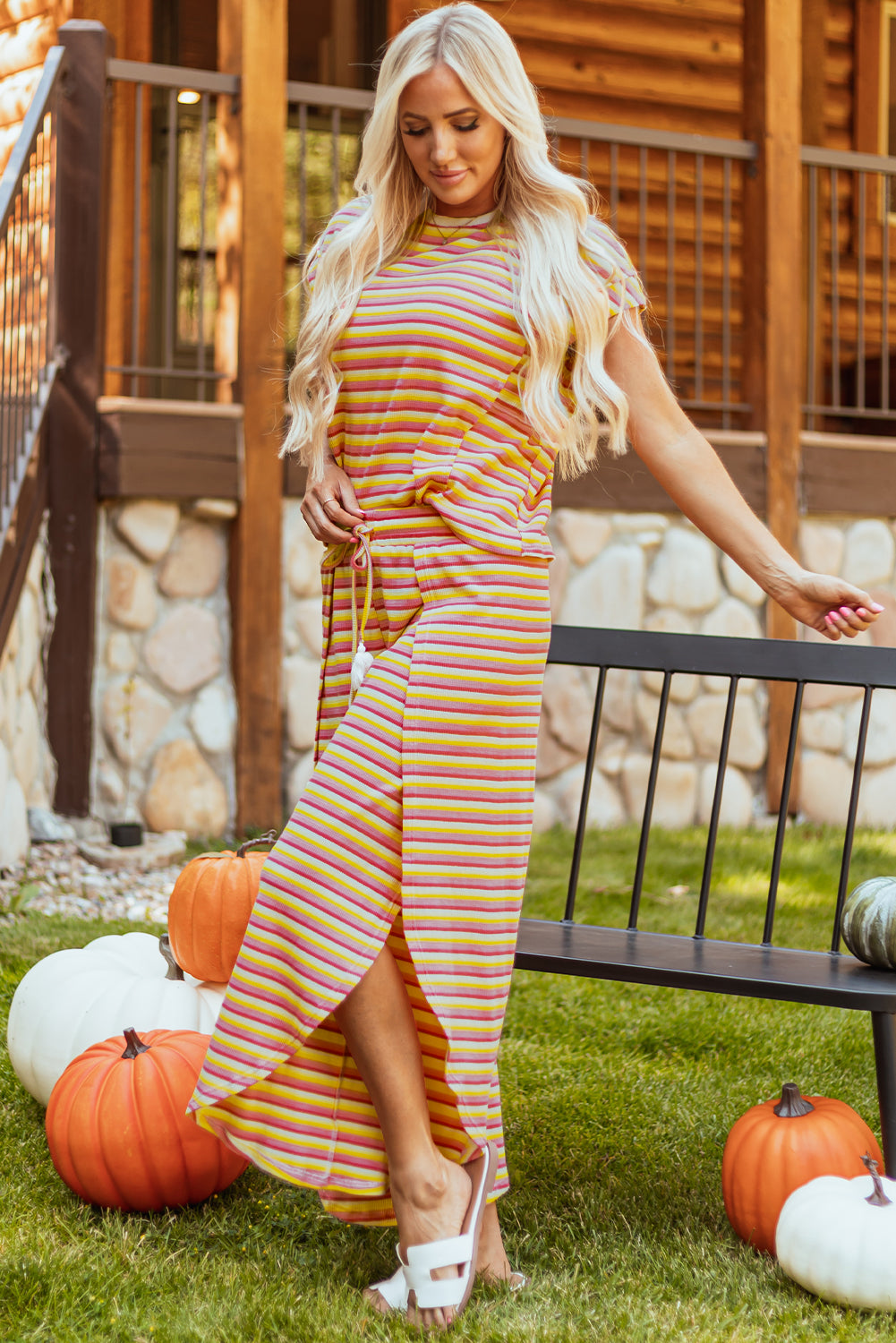 Yellow Stripe Rainbow Tee Tasseled String Wide Leg Pants Set