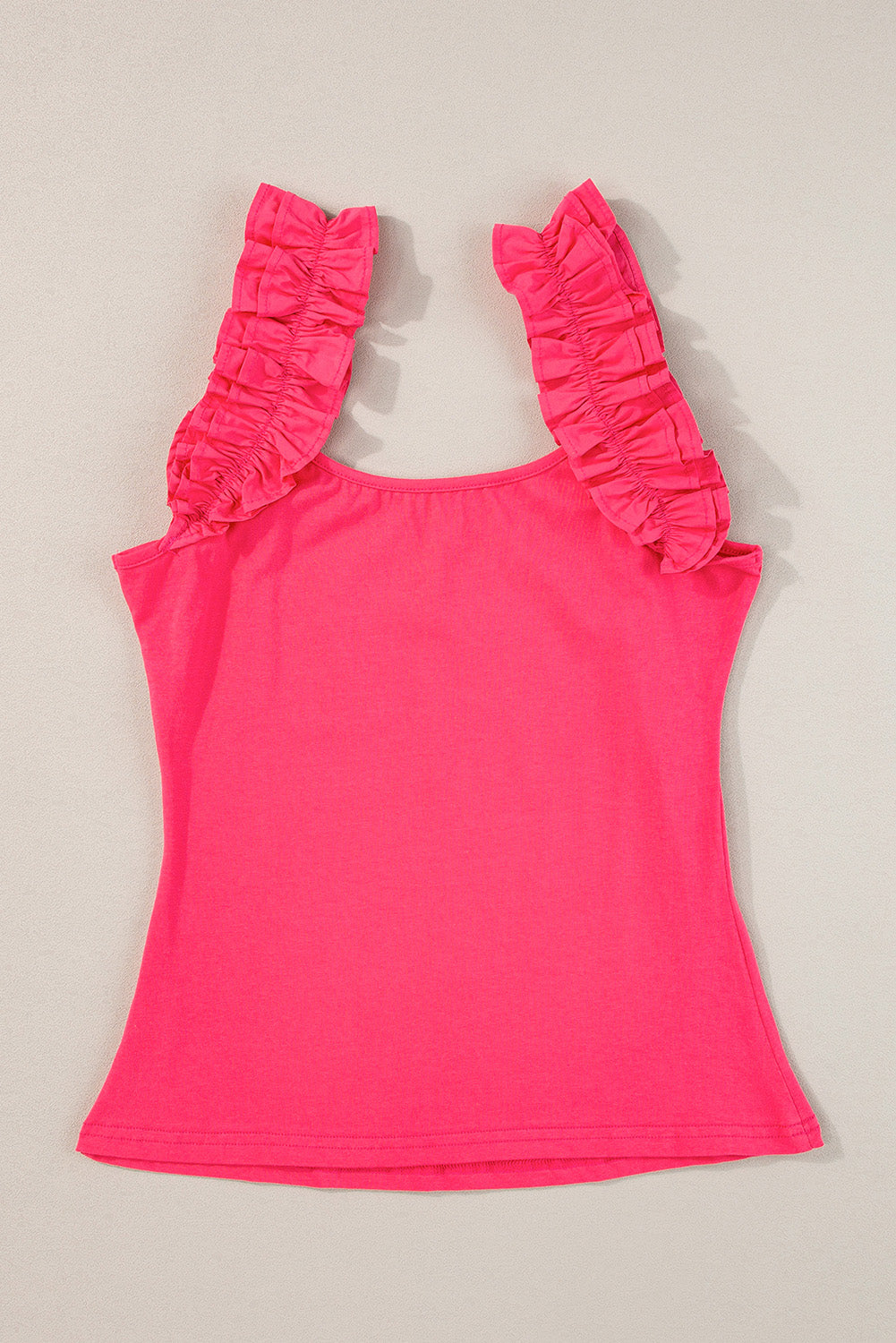 Strawberry Pink Ruffled Wide Straps Slim Tank Top