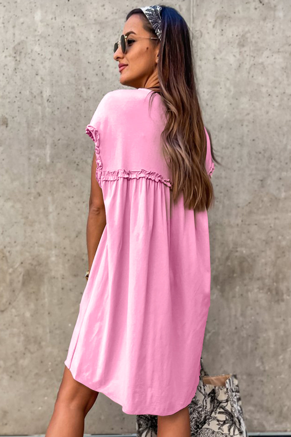 Pink Frilled Trim Crew Neck Loose Fit Mini Dress