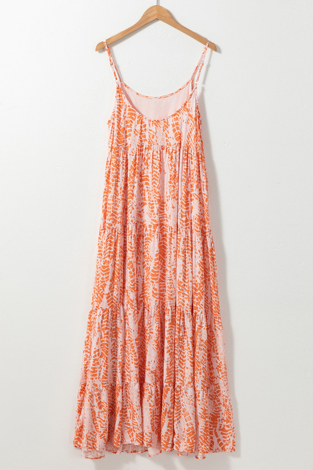 Orange Abstract Print Spaghetti Straps Backless Tiered Maxi Dress