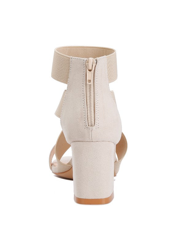 BENICIA ELASTIC STRAPPY BLOCK HEEL SANDALS