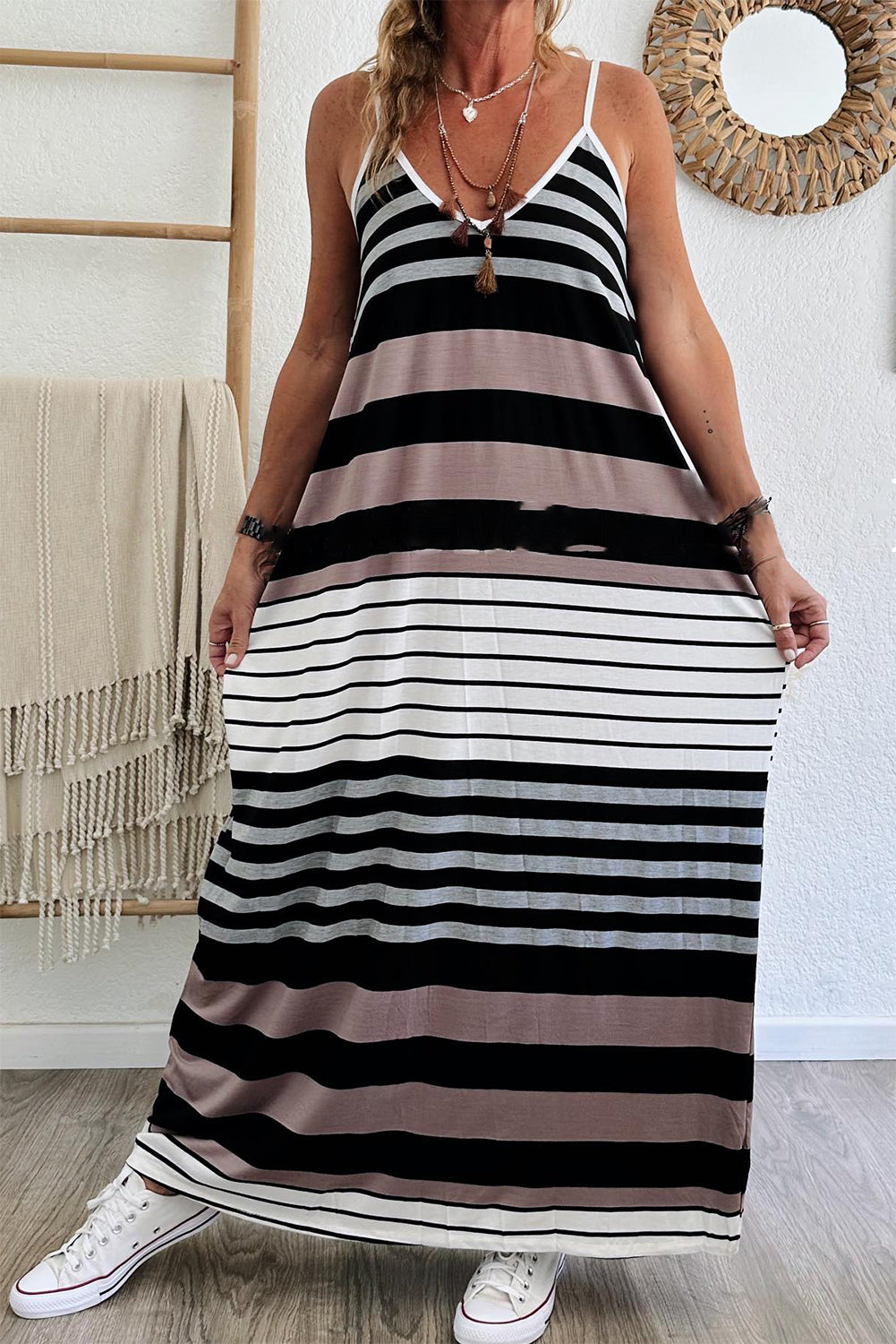 Multicolour Mixed Stripes Spaghetti Straps V Neck Maxi Dress