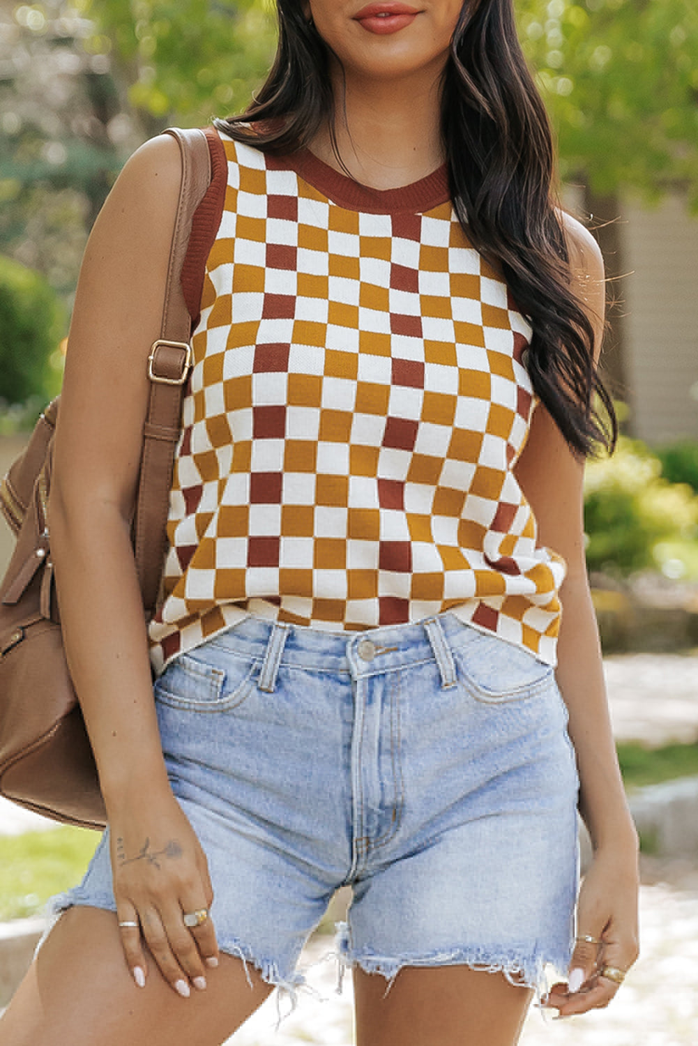 Brown Checkered Ribbed Trim Knit Sweater Vest