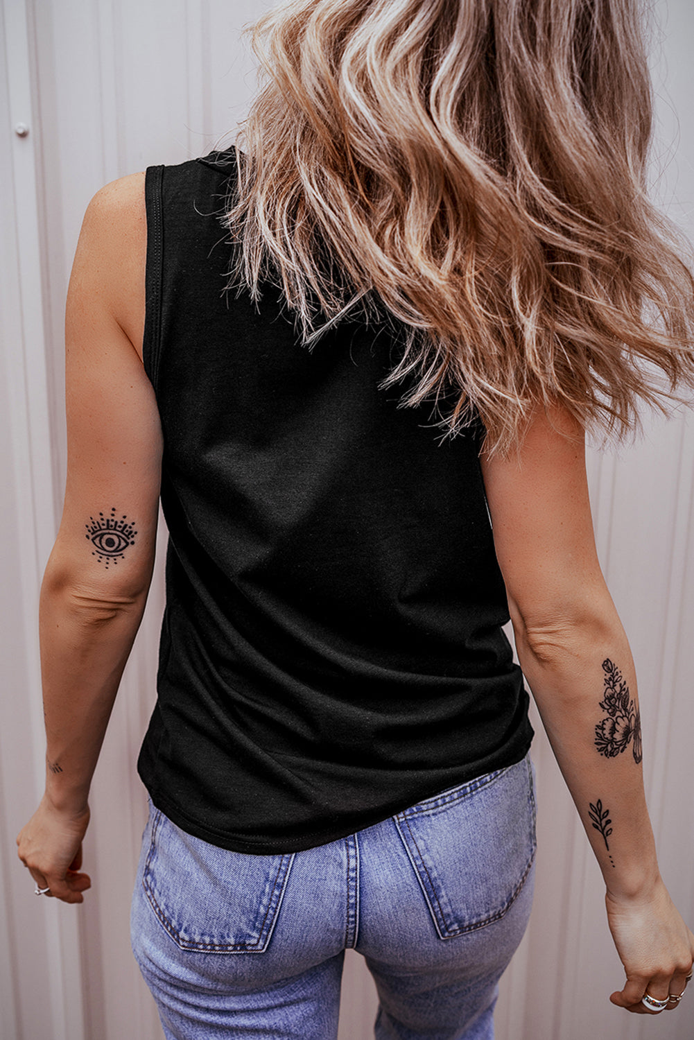 Black Half Button V Neck Patched Pocket Tank Top