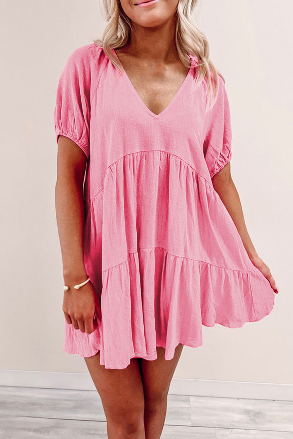 Strawberry Pink Puff Sleeve V Neck Tiered Swing Dress