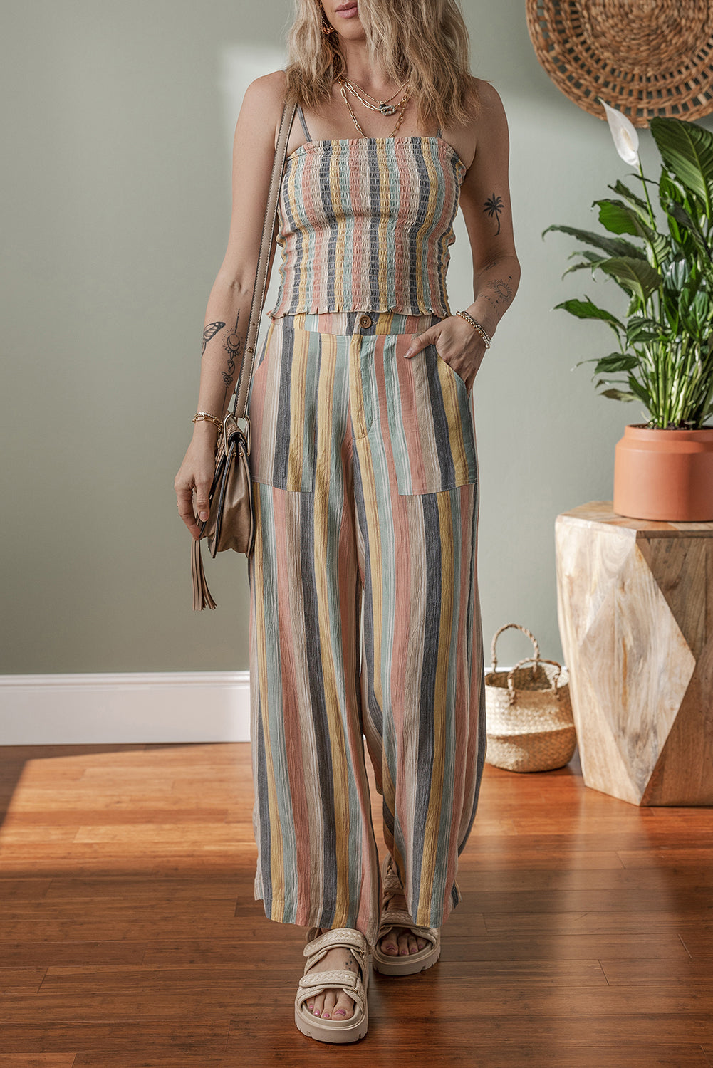 Multicolour Vertical Striped Smocked Cami Top Wide Leg Pants Set
