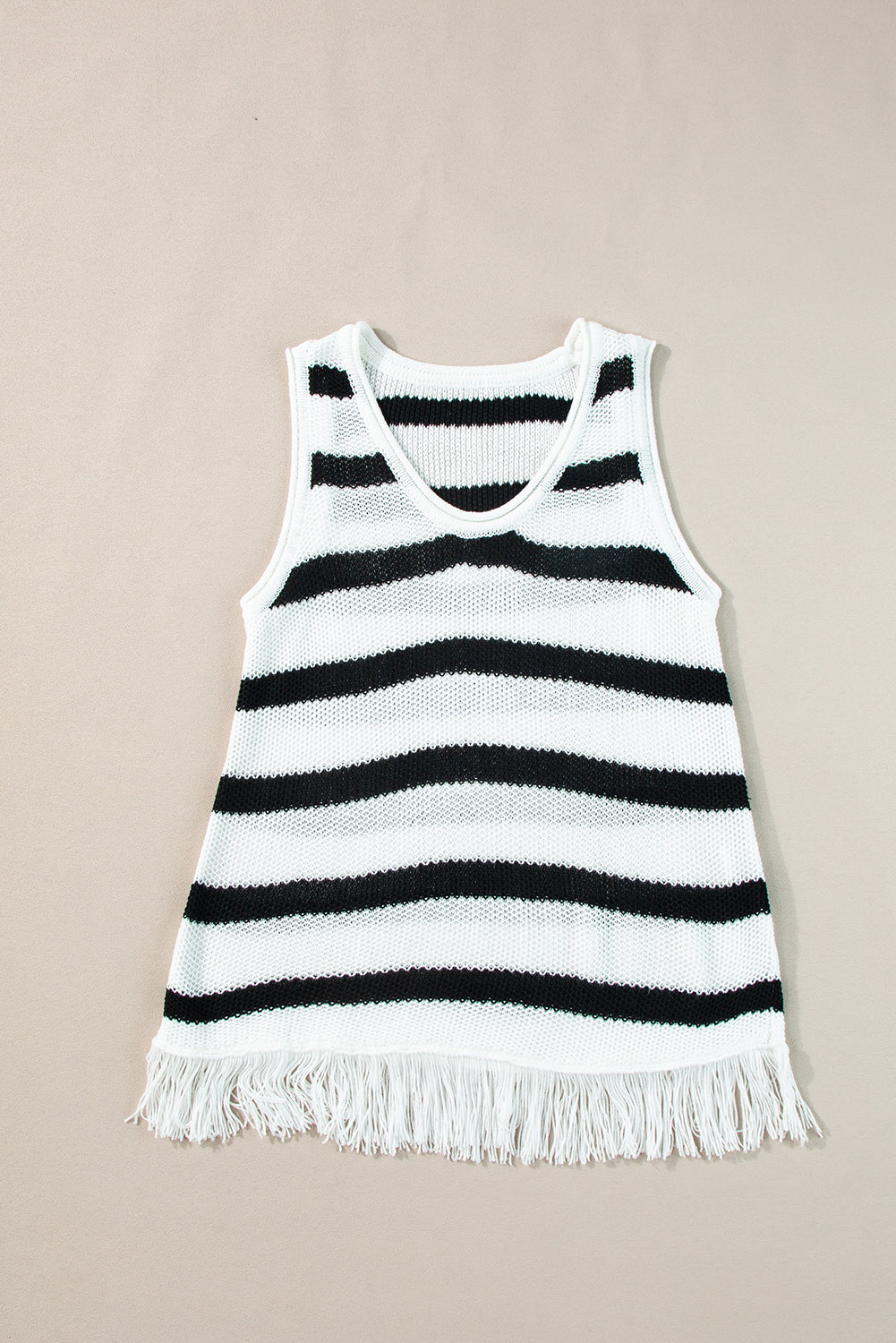 Beige Stripe Loose Knit Fringe Tank Top