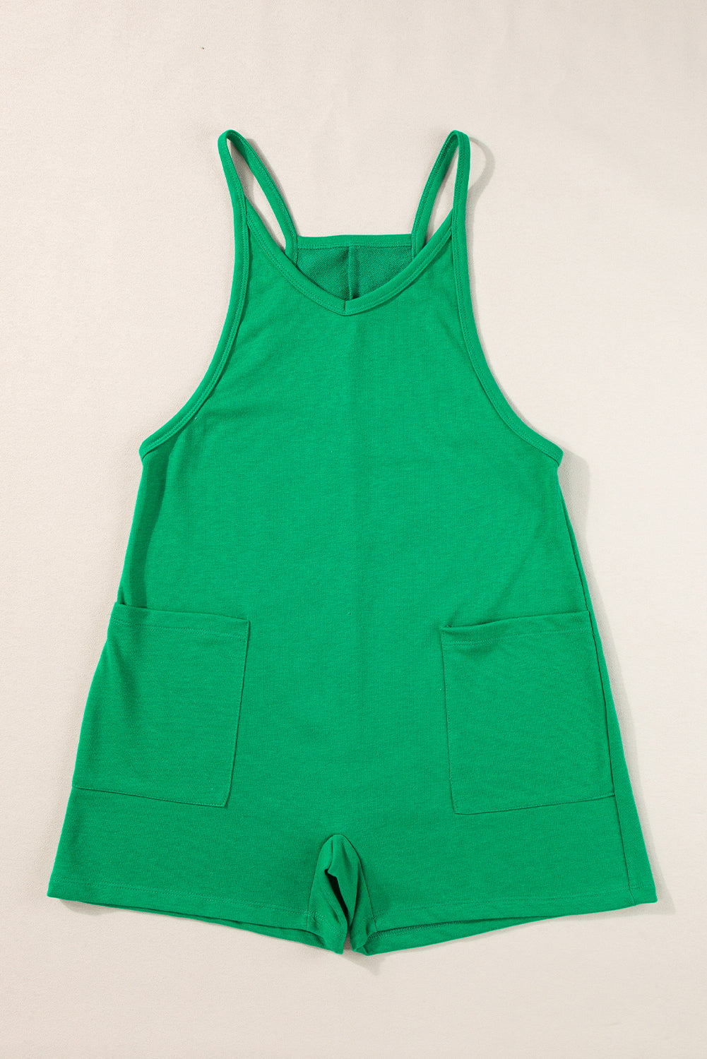 Bright Green Sleeveless Pocketed V Neck Jersey Romper