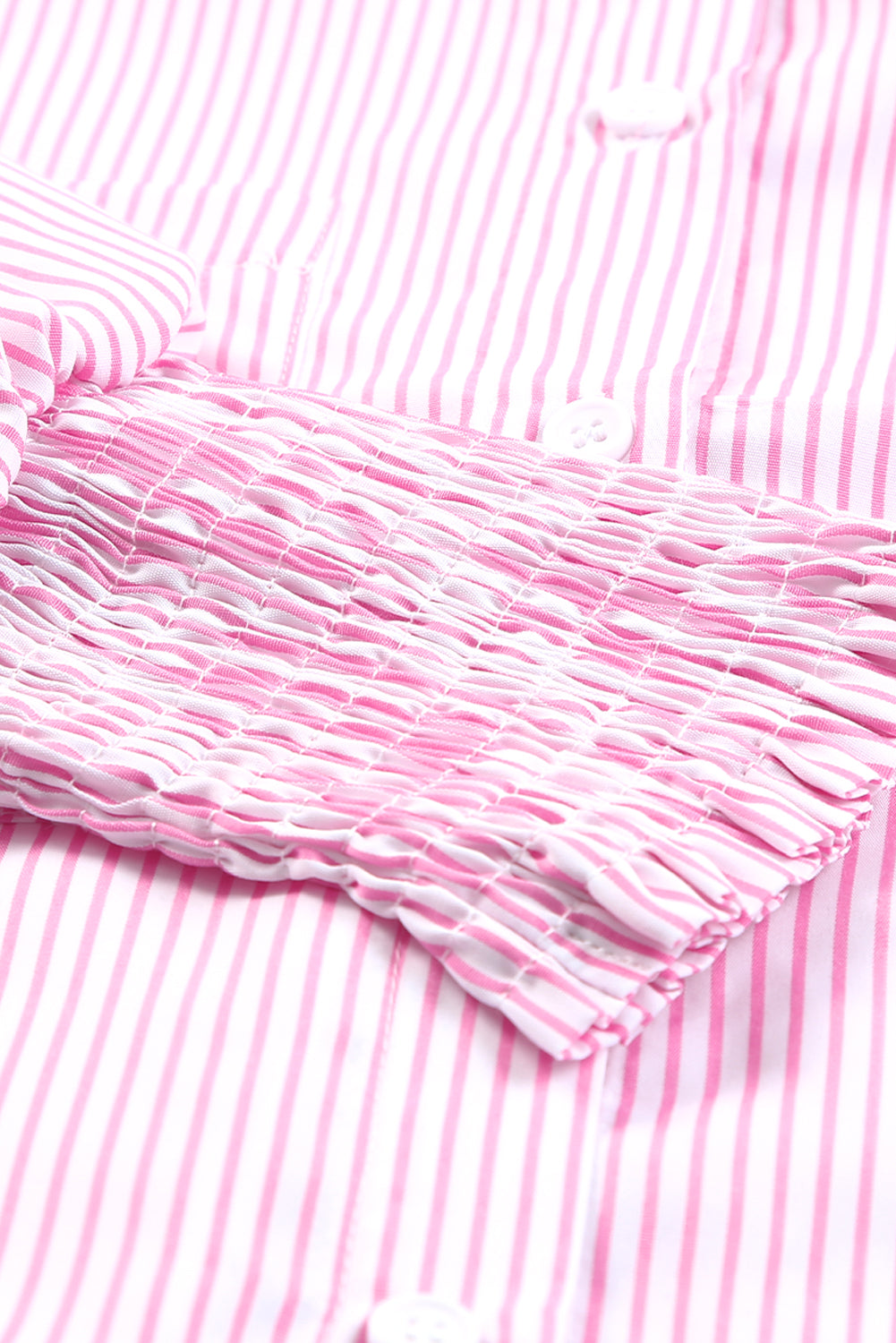 Pink Smocked Cuffed Striped Boyfriend Shirt with Pocket