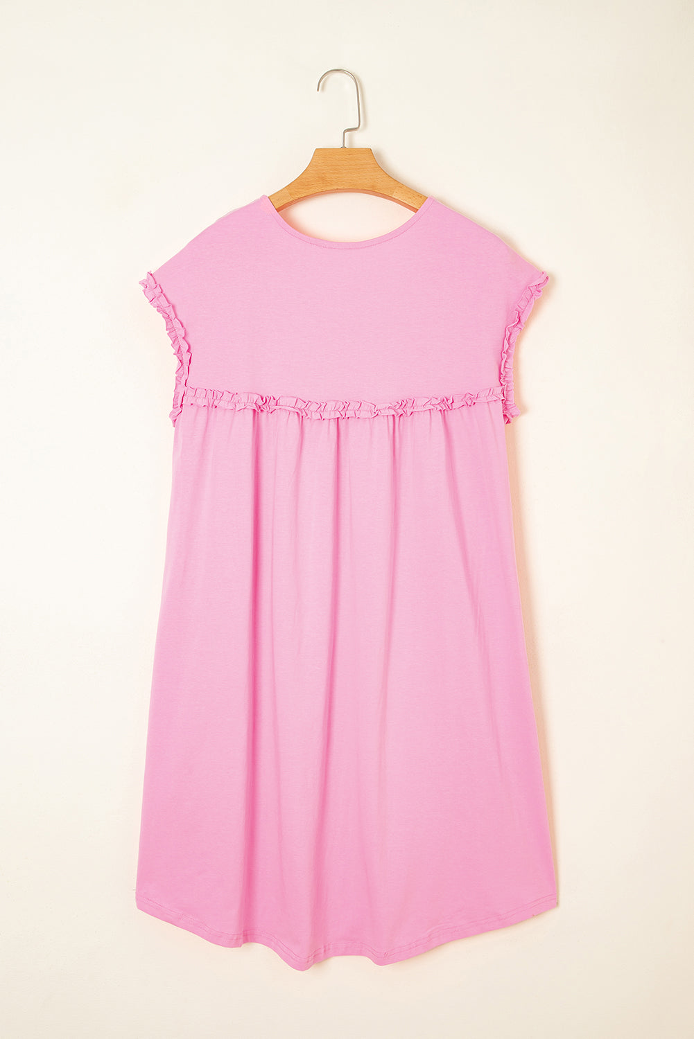 Pink Frilled Trim Crew Neck Loose Fit Mini Dress