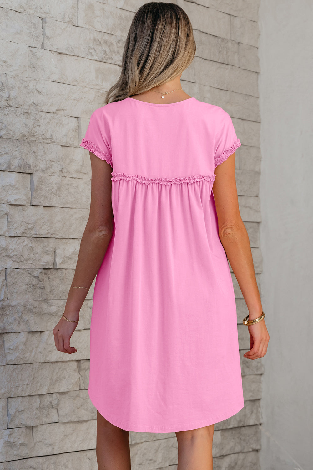 Pink Frilled Trim Crew Neck Loose Fit Mini Dress