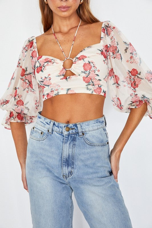 Chiffon Balloon Sleeved Bustier Crop Top