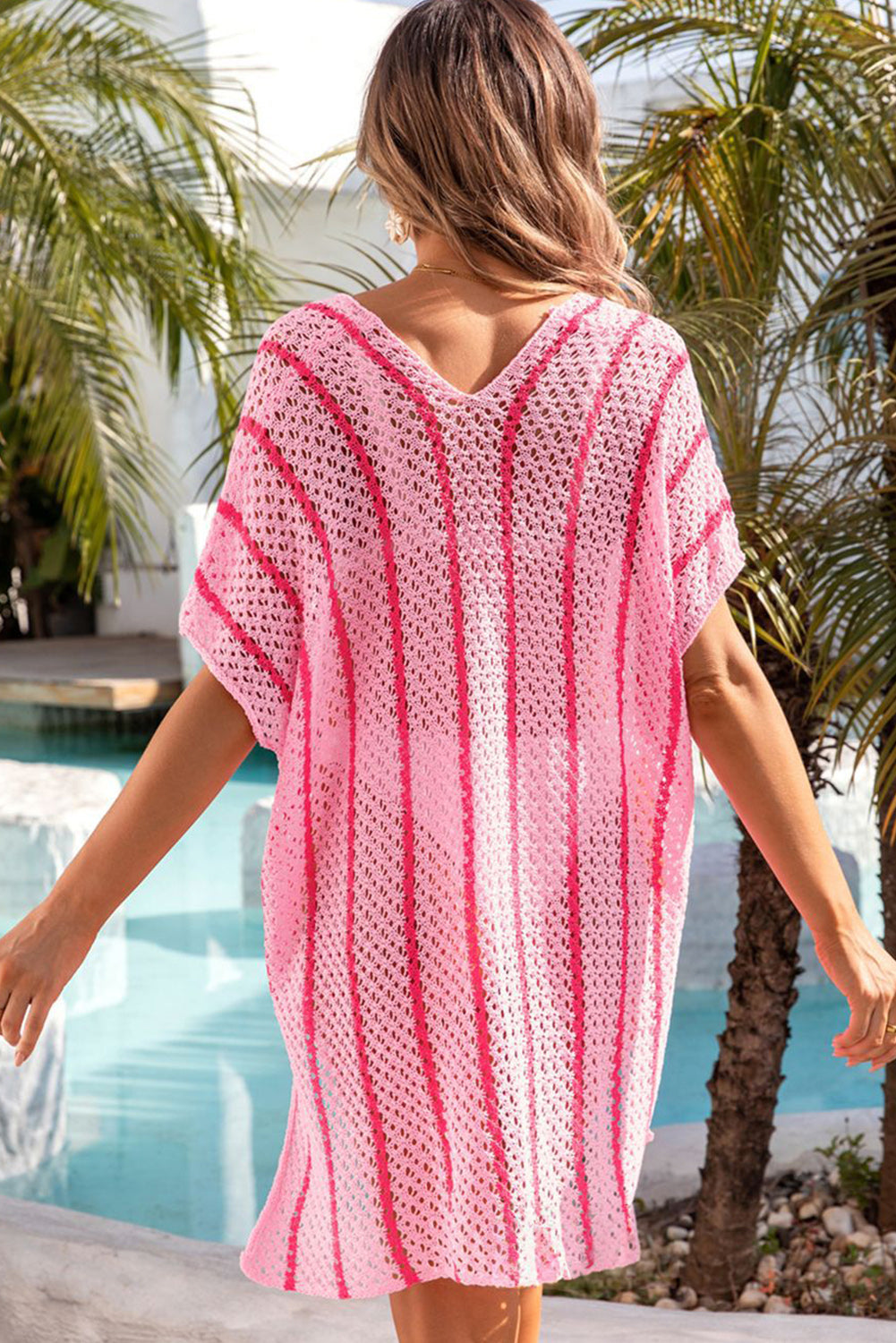 Pink Striped Crochet Loose Fit V Neck Beach Cover Up