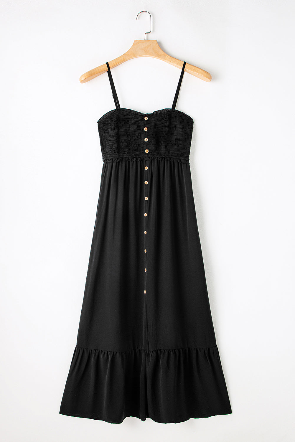 Black Spaghetti Straps Smocked Front Slit Buttoned Dress