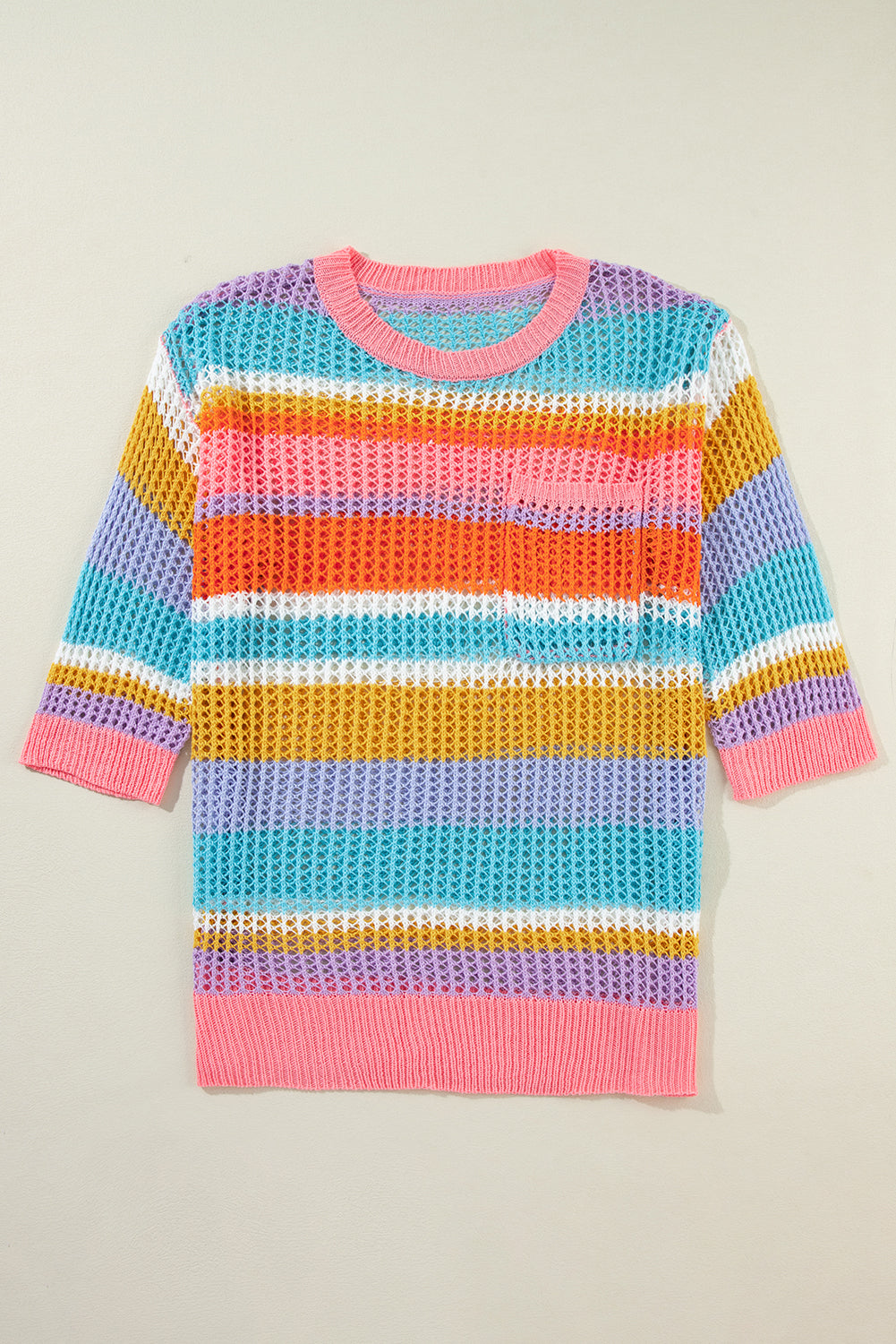 Pink Stripe Colorblock Hollowed Crochet 3/4 Sleeve Sweater