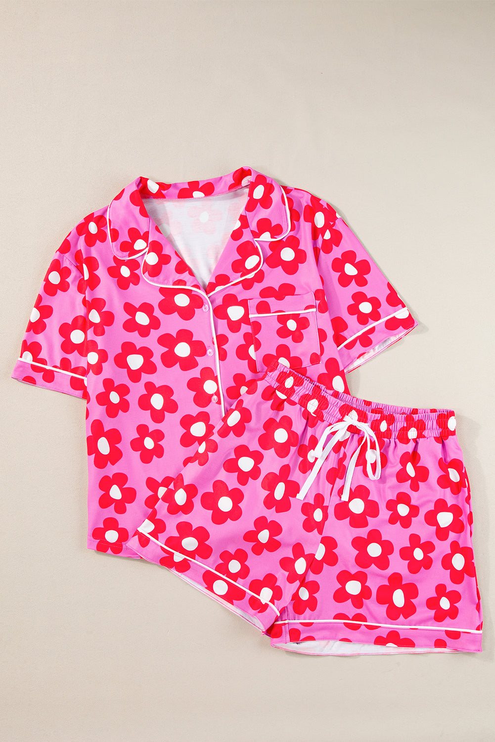 Pink Flower Print Short Sleeve Shirt Pajamas Set