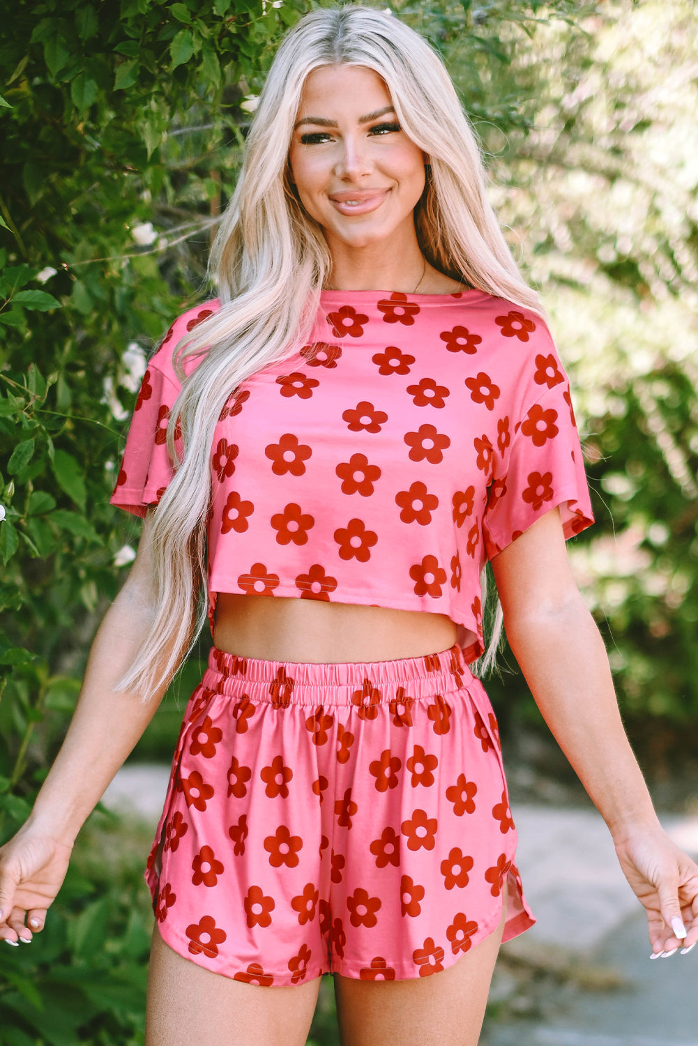 Rose Floral Print Crop Tee and Shorts Lounge Set