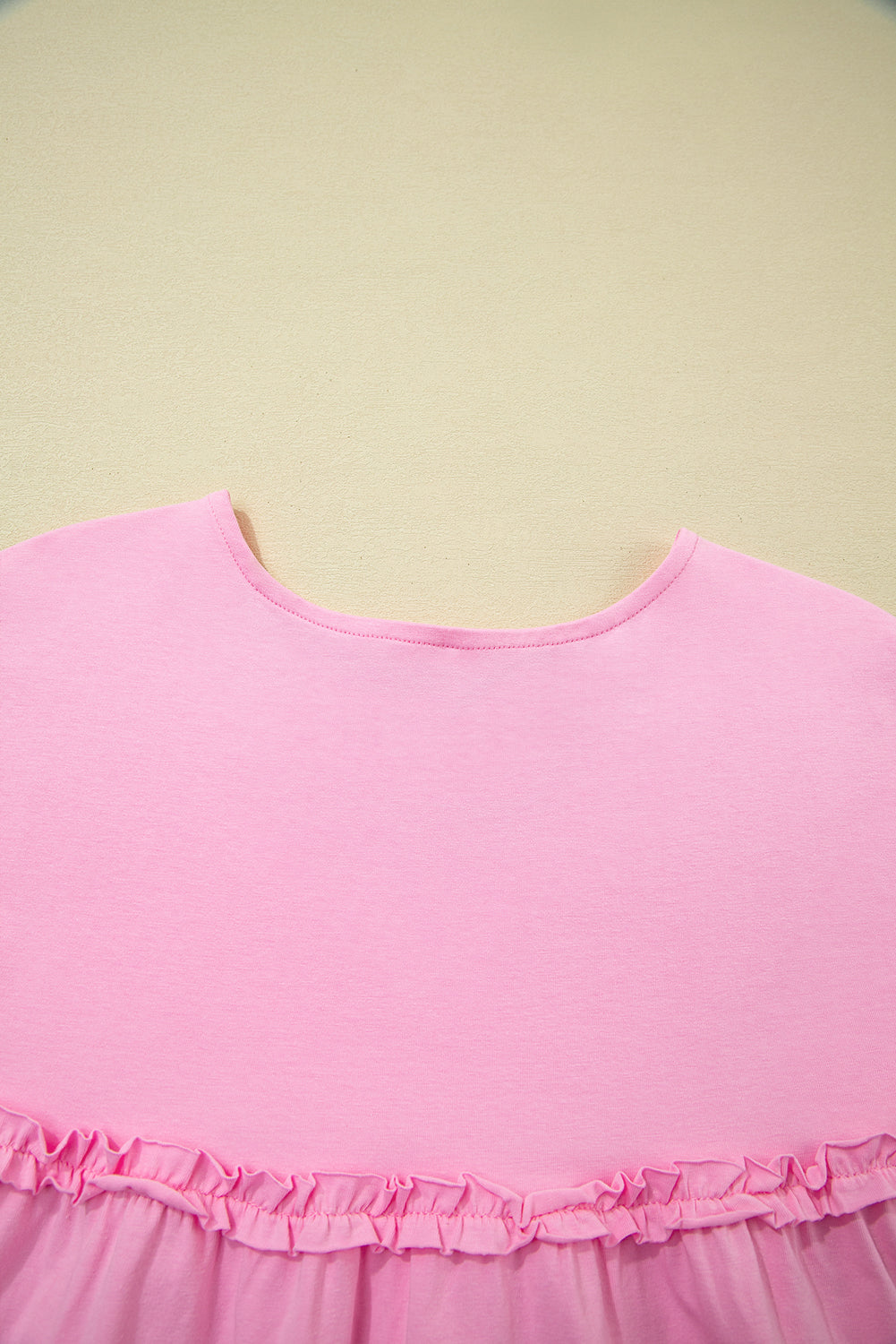 Pink Frilled Trim Crew Neck Loose Fit Mini Dress