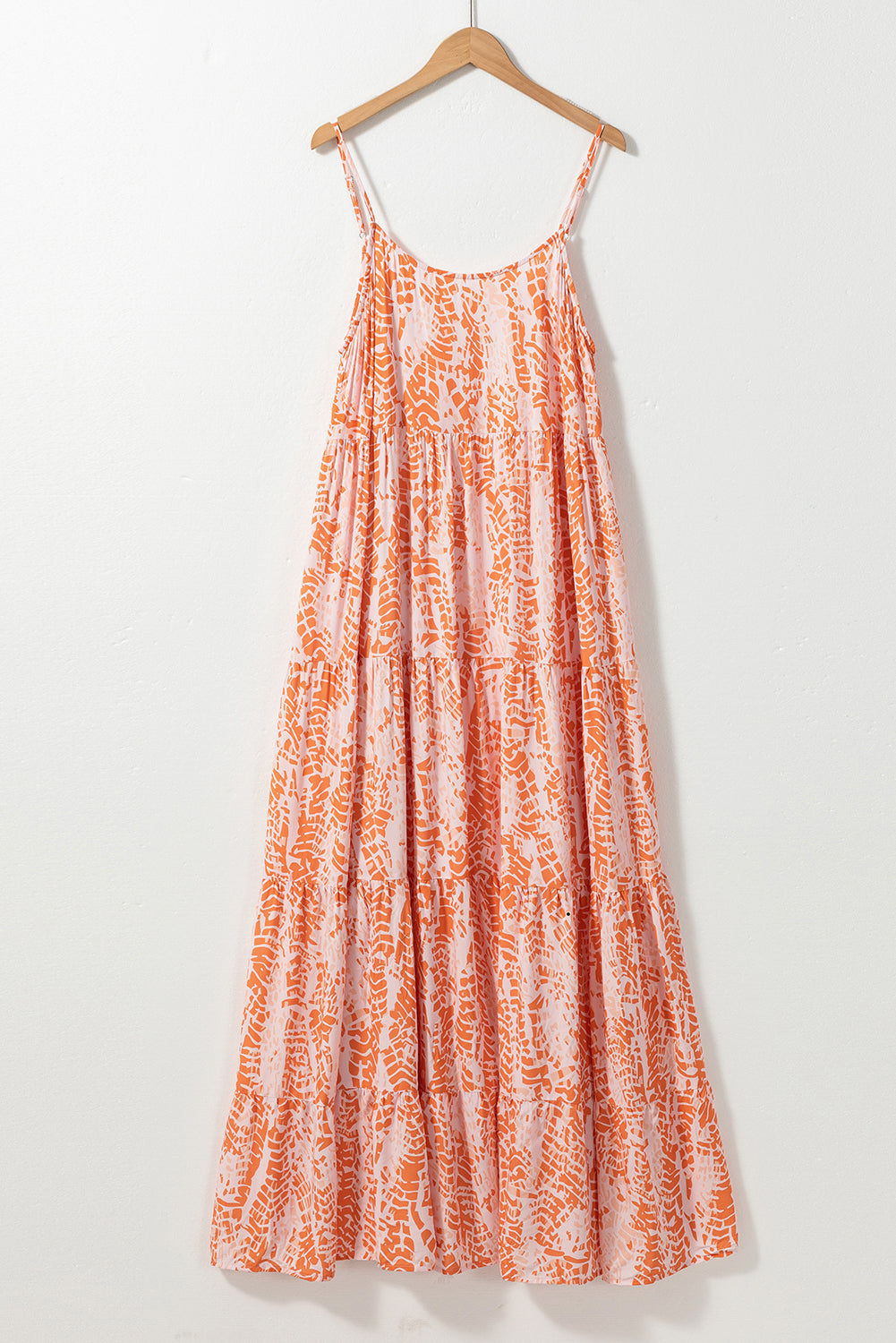 Orange Abstract Print Spaghetti Straps Backless Tiered Maxi Dress