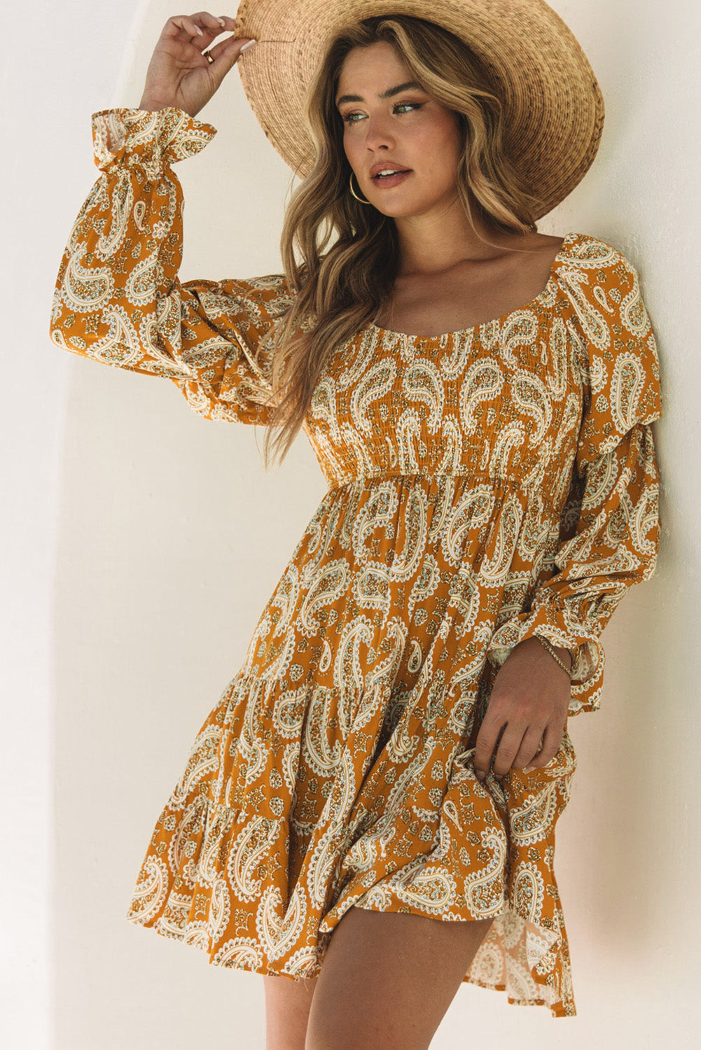 Yellow Boho Paisley Long Sleeve Floral Dress