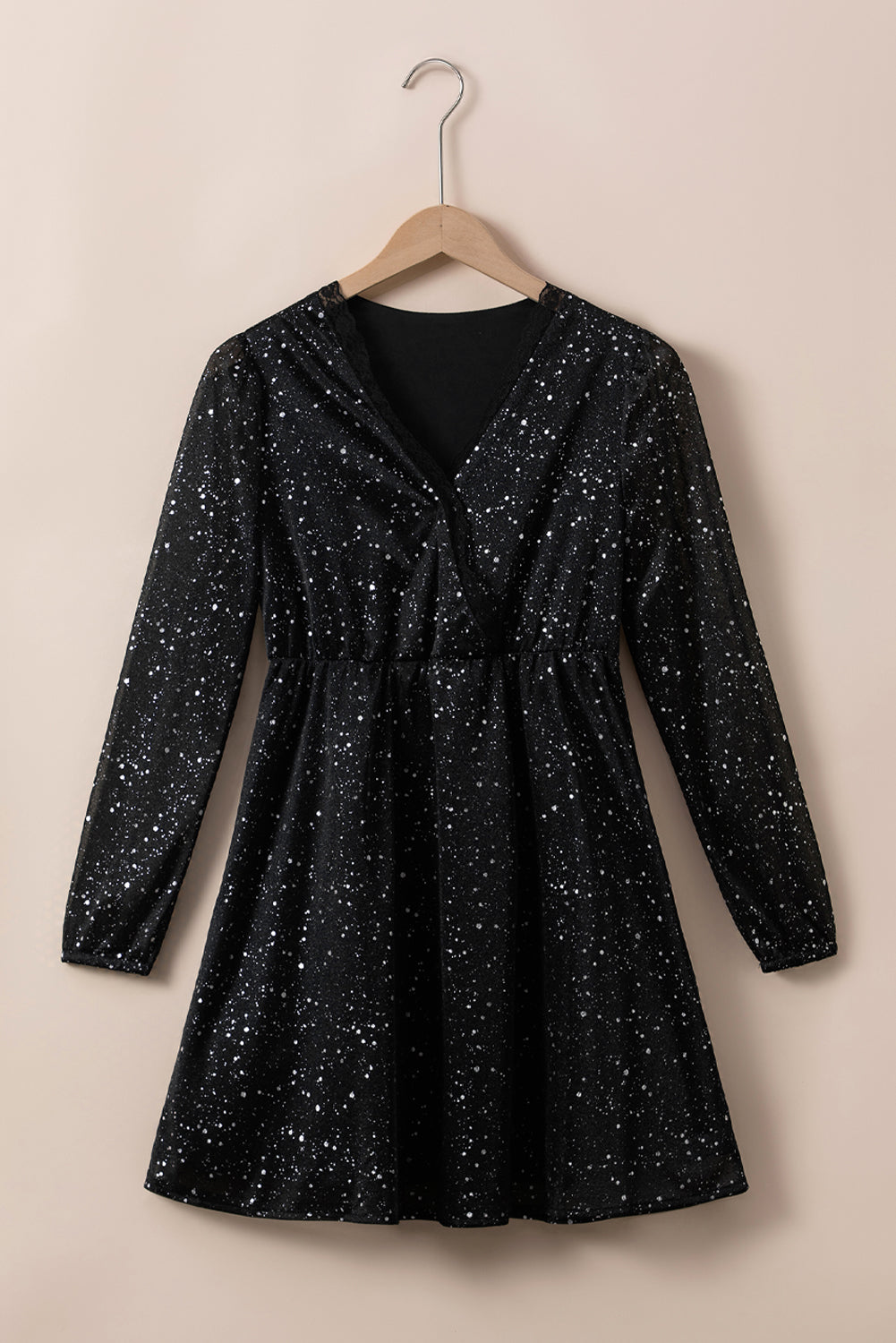 Black Glitter Mesh Overlay V Neck Long Sleeve Dress