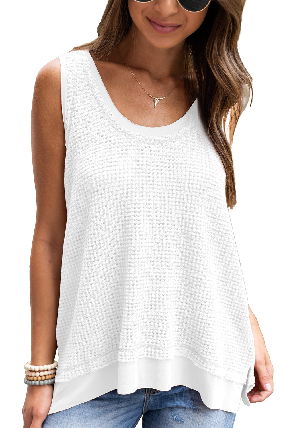 White Scoop Neck Waffle Knit Flowy Vest