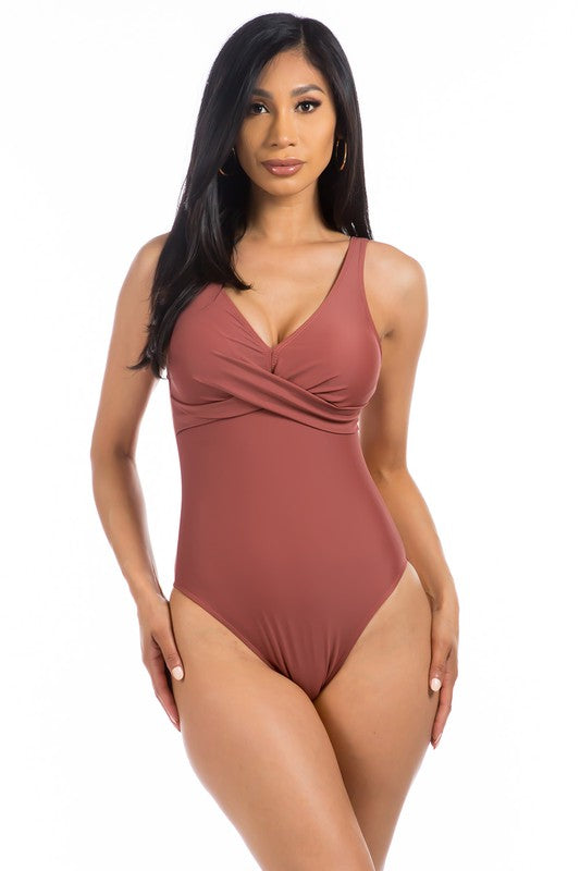 PLEATED CROSS GATHERING LOW V ONE PIECE