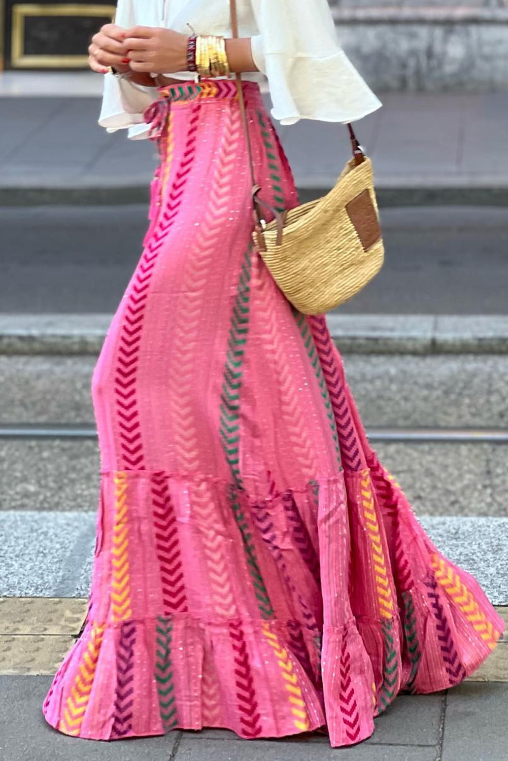 Pink Boho Printed Tasseled Drawstring Ruffled Maxi Skirt