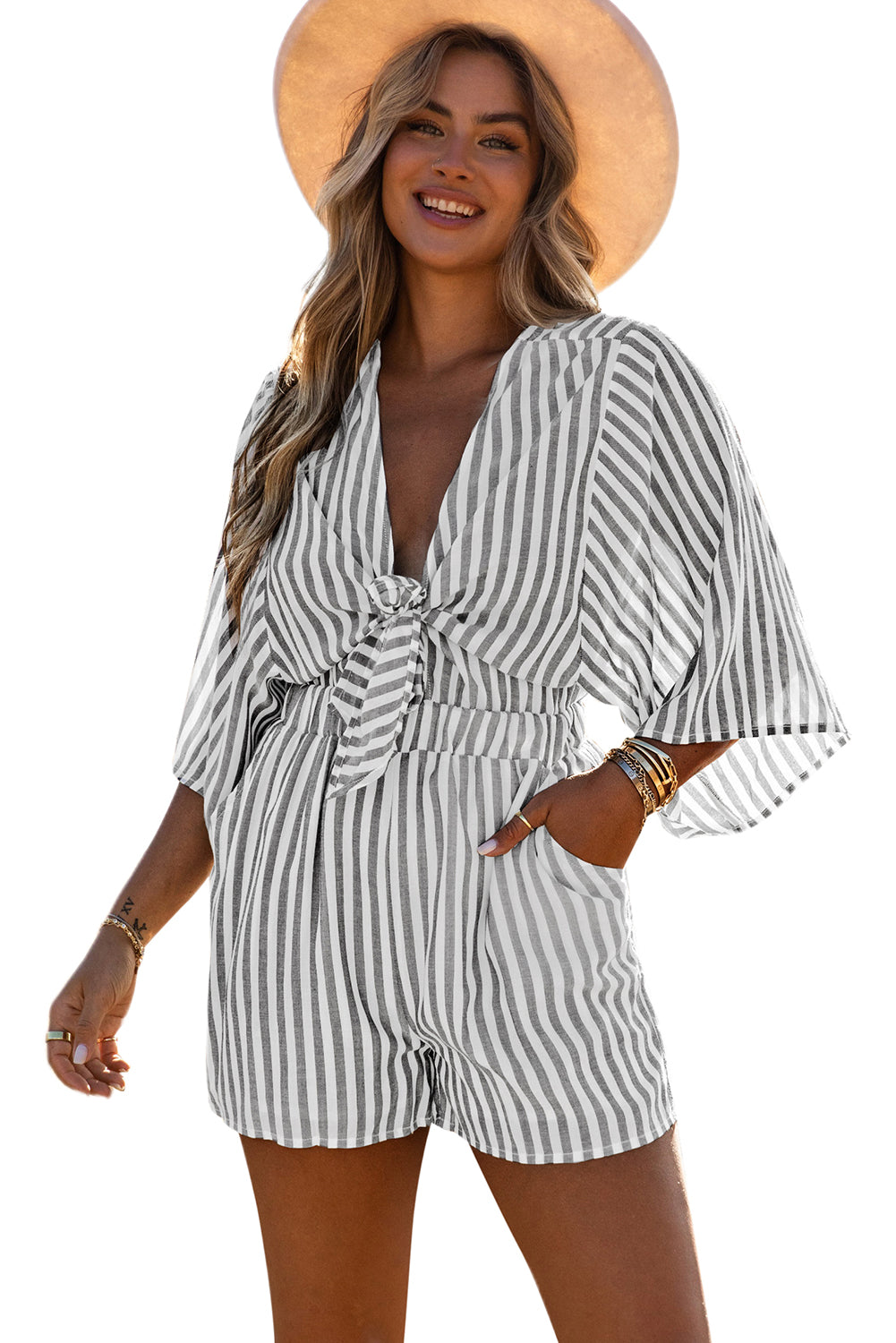 Gray 3/4 Wide Kimono Sleeves Tie Front Striped Romper with Pockets