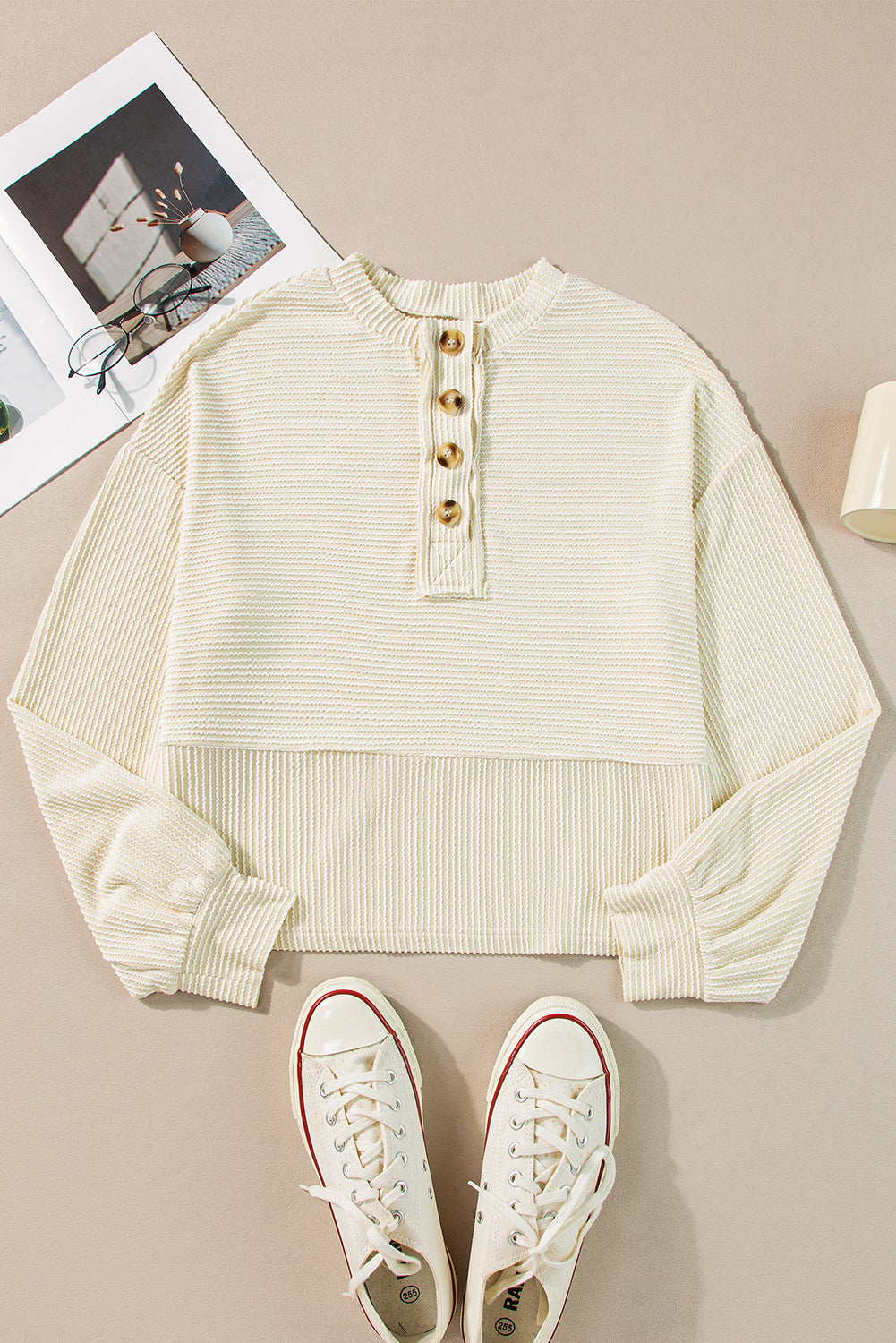 Apricot Corded Texture Lantern Sleeve Buttons Henley Sweatshirt