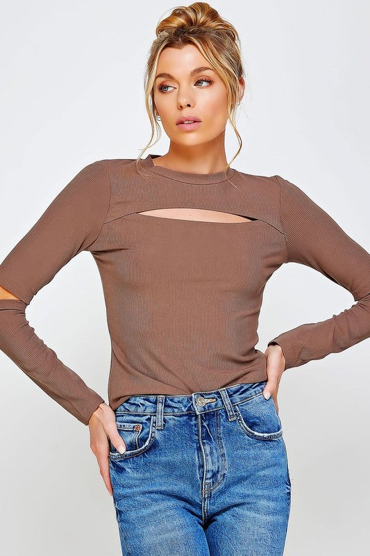 RIBBED FITTED LONG SLEEVE TOP WITH CHEST CUTOUT AN