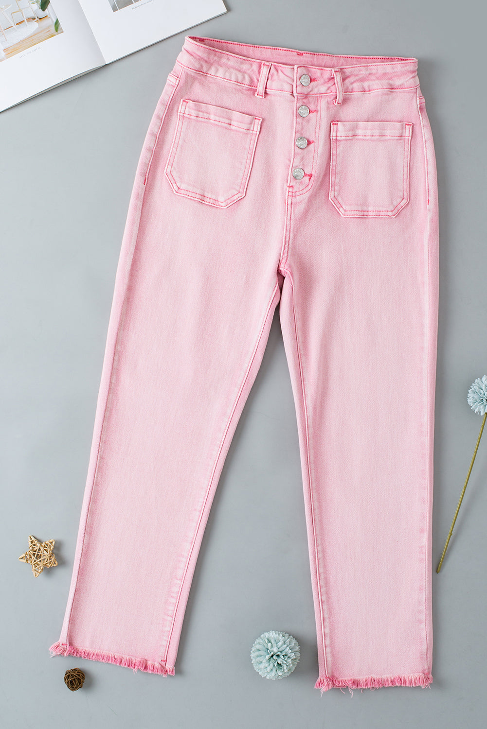 Apricot Pink Multi Buttons Raw Edge Crop Jeans