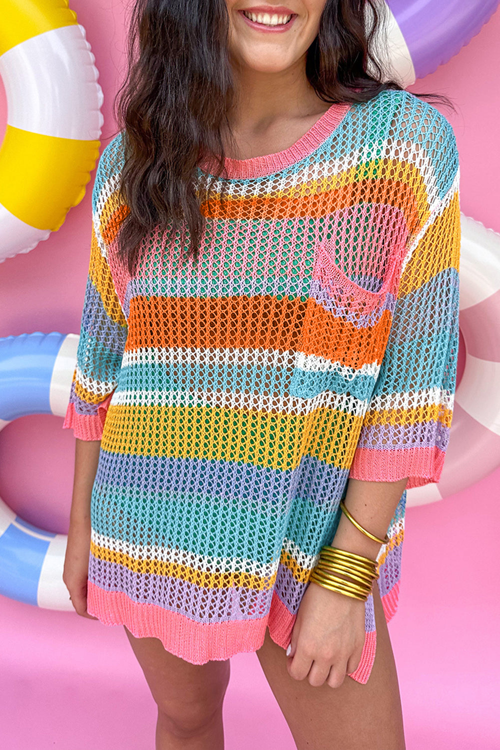 Pink Stripe Colorblock Hollowed Crochet 3/4 Sleeve Sweater