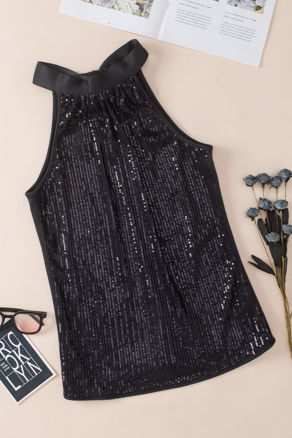 Black Keyhole Tie Back Sequined Tank Top