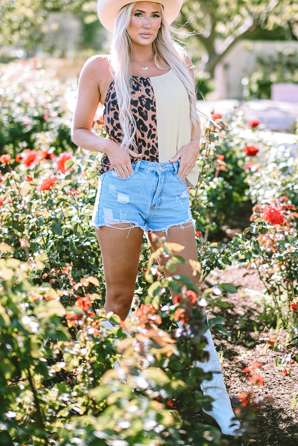 Khaki Leopard Contrast Patchwork Spaghetti Strap Tank Top