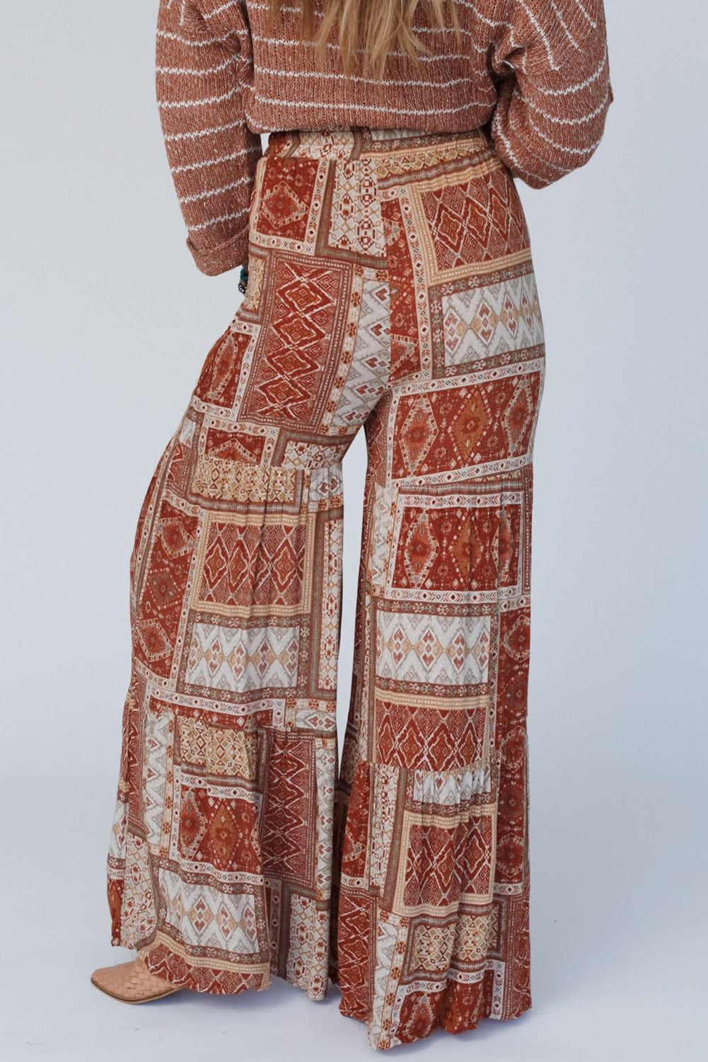 Brown Boho Aztec Print Tiered Palazzo Pants