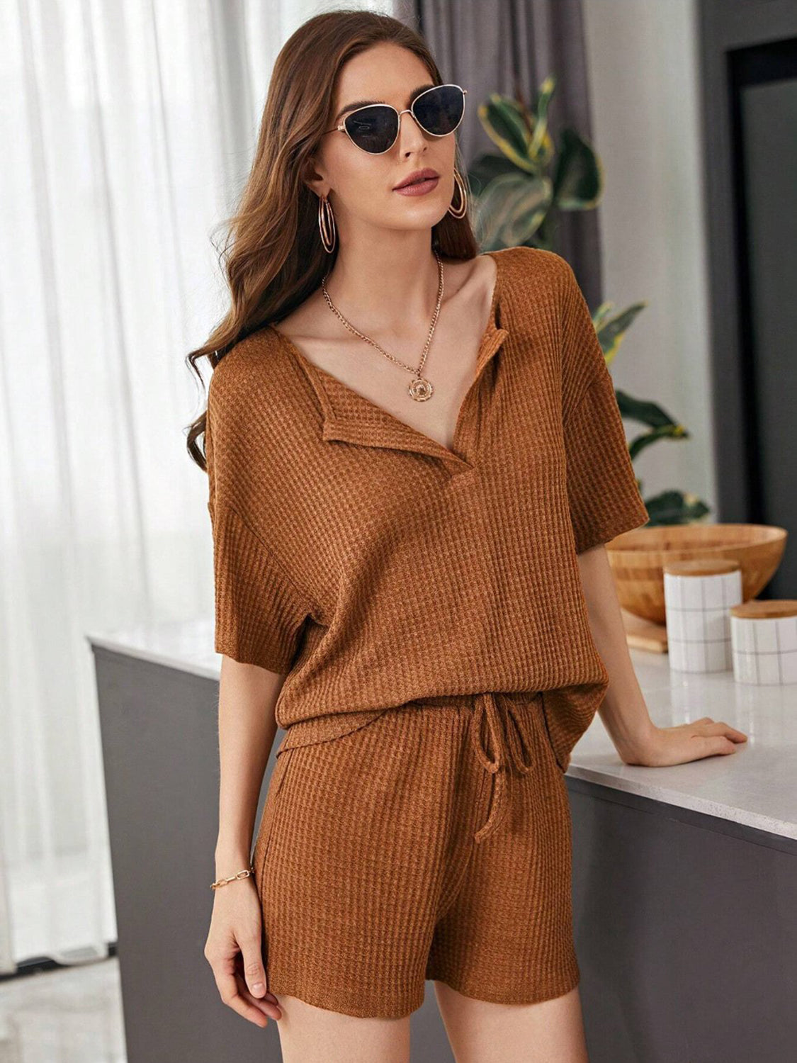 Full Size Waffle-Knit Dropped Shoulder Top and Shorts Set