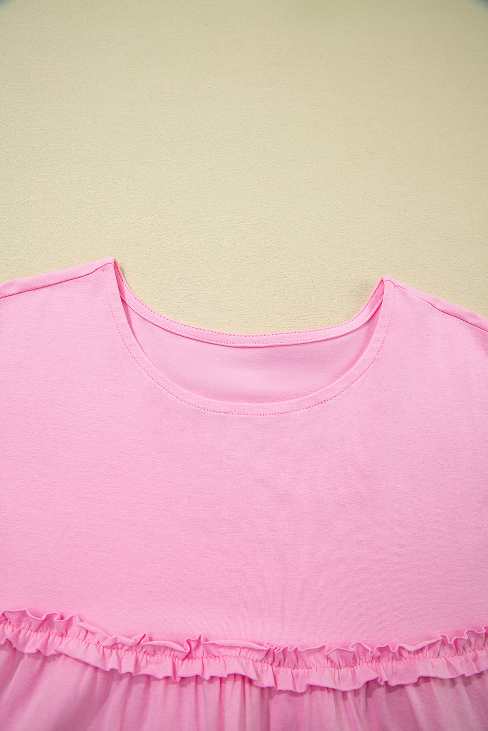 Pink Frilled Trim Crew Neck Loose Fit Mini Dress