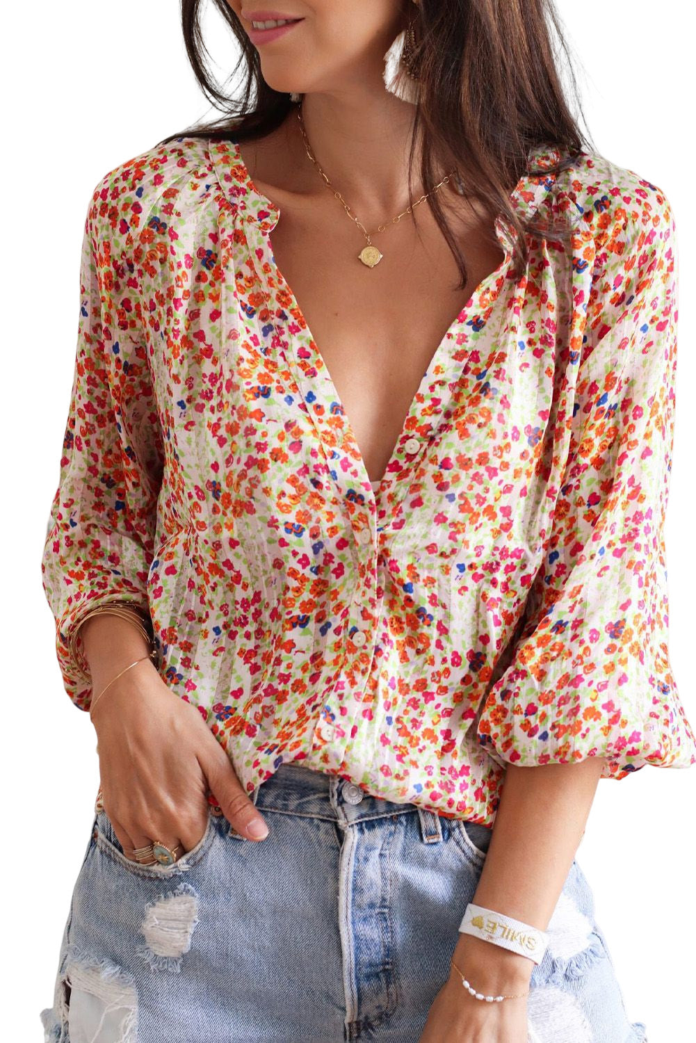 Multicolor Boho Floral Print Button Front Shirt