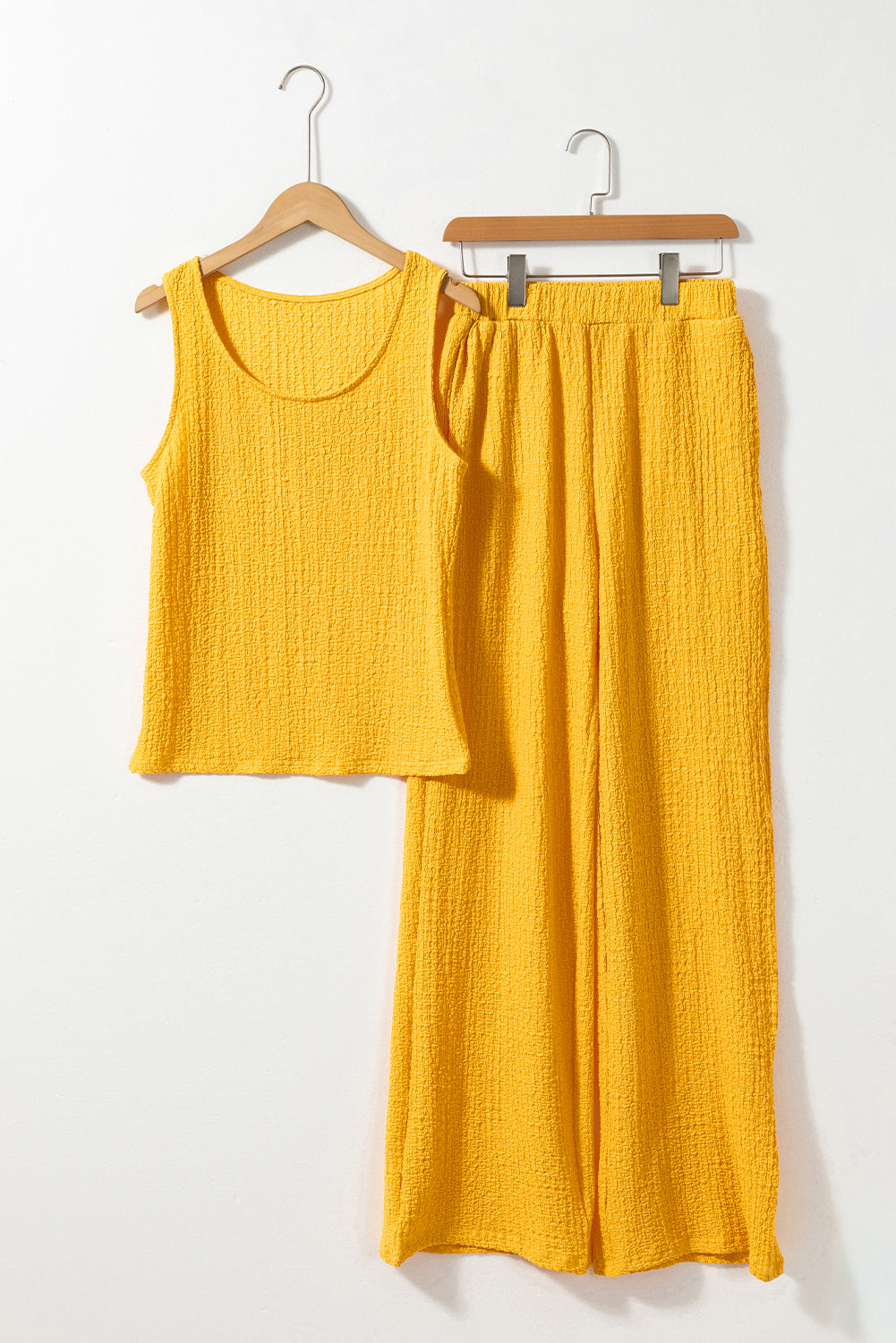 Yellow Crinkled U Neck Tank Top and Wide Leg Pants Set