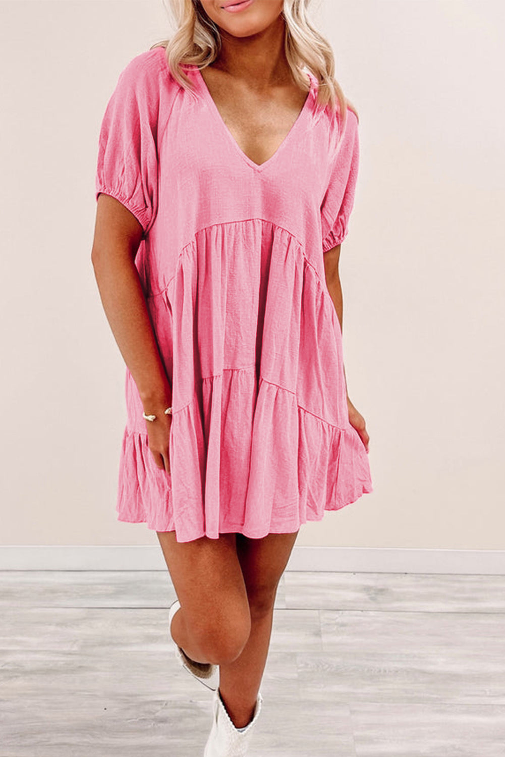 Strawberry Pink Puff Sleeve V Neck Tiered Swing Dress