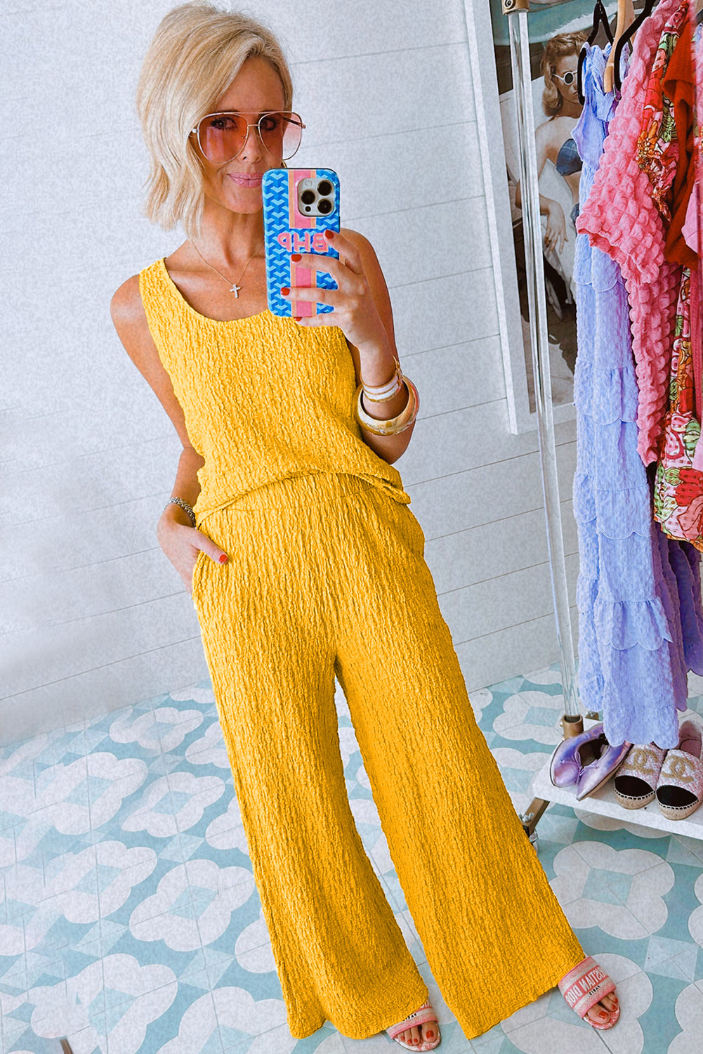 Yellow Crinkled U Neck Tank Top and Wide Leg Pants Set