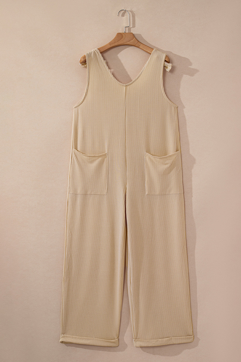 Parchment Corded Tie Straps V Neck Wide Leg Jumpsuit