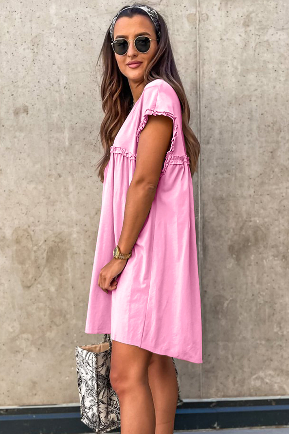 Pink Frilled Trim Crew Neck Loose Fit Mini Dress