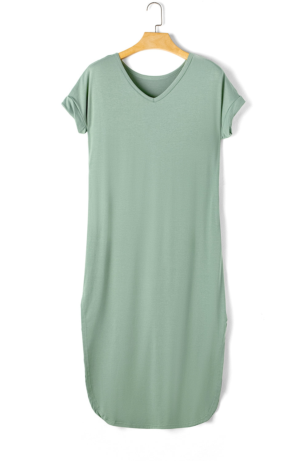 Grass Green V Neck Hidden Pocket Splits Maxi T-shirt Dress